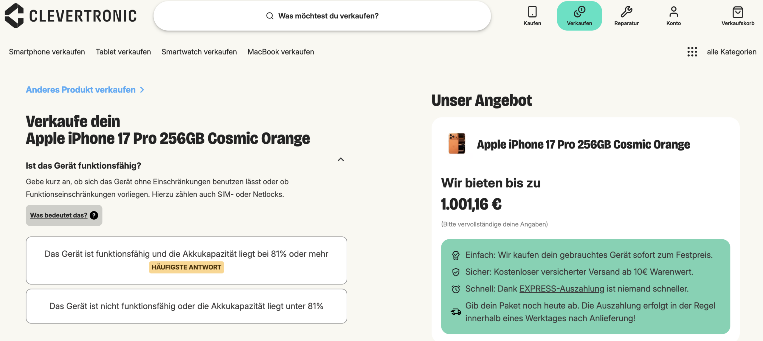 Clevertronic Ankaufspreis für Apple iPhone 17 Pro als Vergleichswert im Geräteankauf
