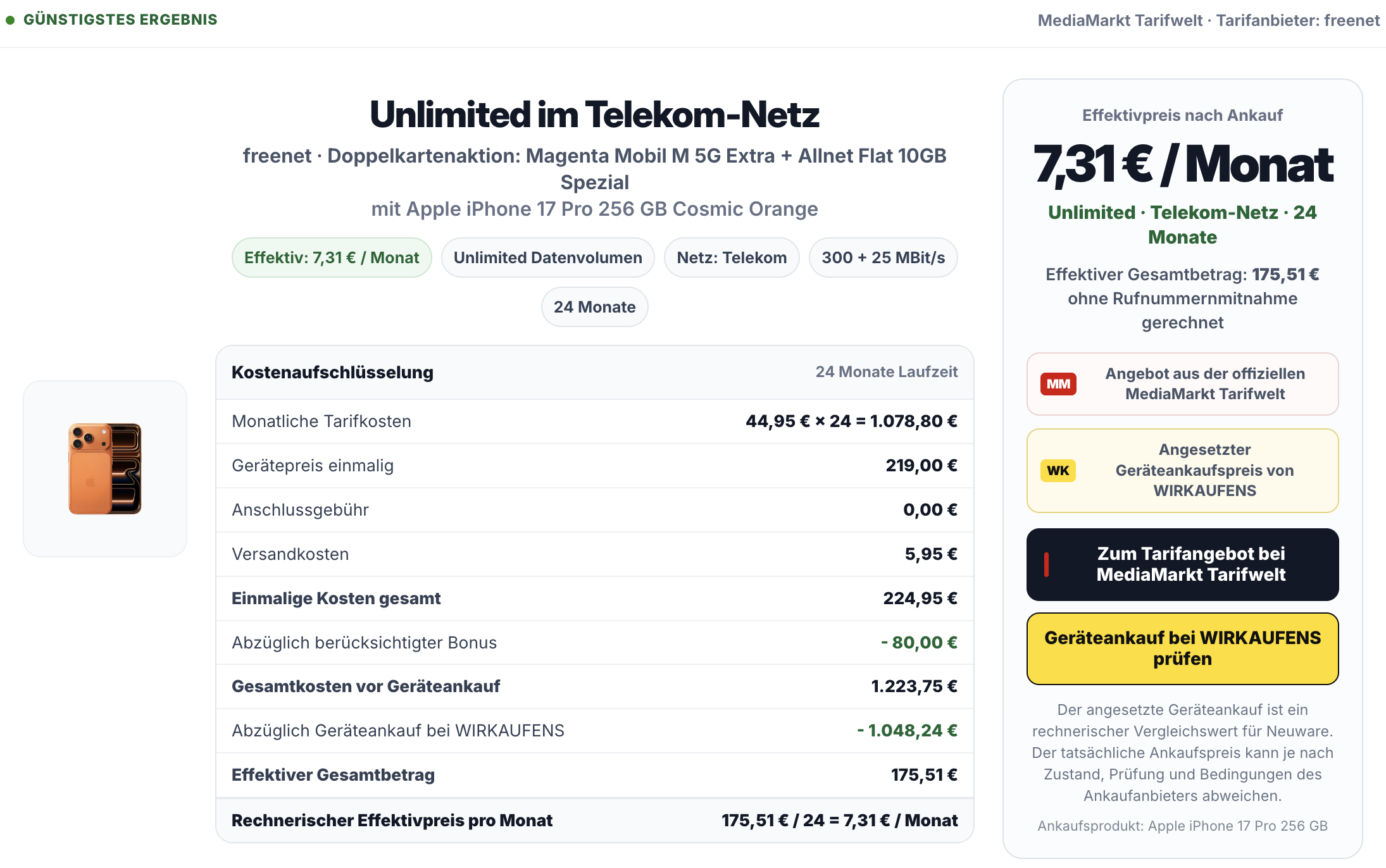 Effektivpreis-Berechnung bei Dein-Besttarif.de mit Kostenaufschlüsselung für Tarifkosten, Boni und Geräteankauf