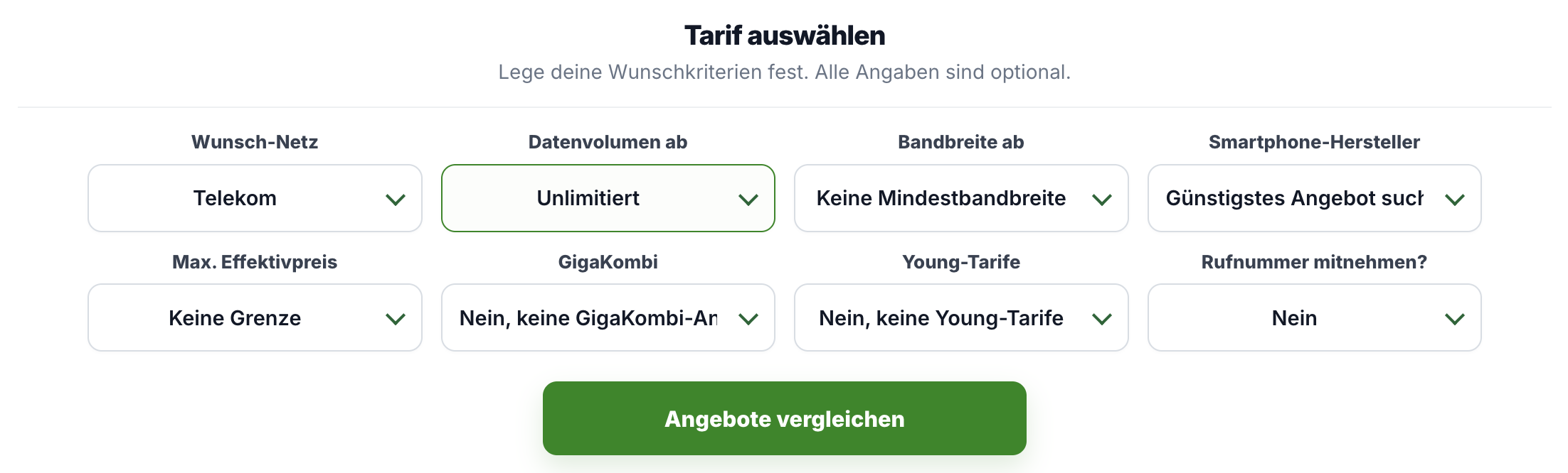 Tarifauswahl bei Dein-Besttarif.de mit Filtern für Netz, Datenvolumen, Bandbreite und Smartphone-Hersteller