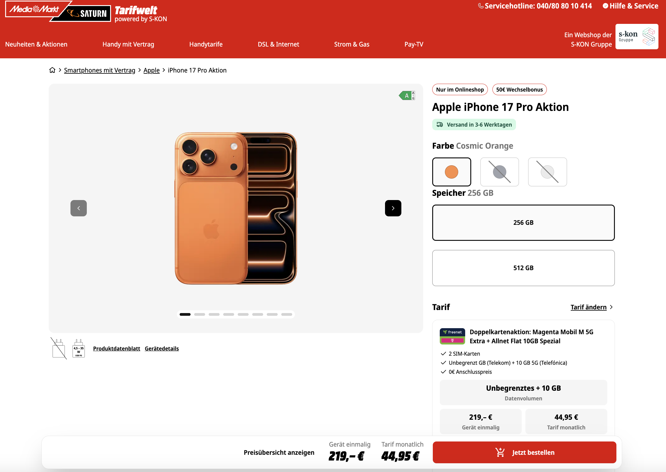 Tarifangebot in der MediaMarkt Saturn Tarifwelt mit Smartphone, Tarifdetails und Bestellbutton