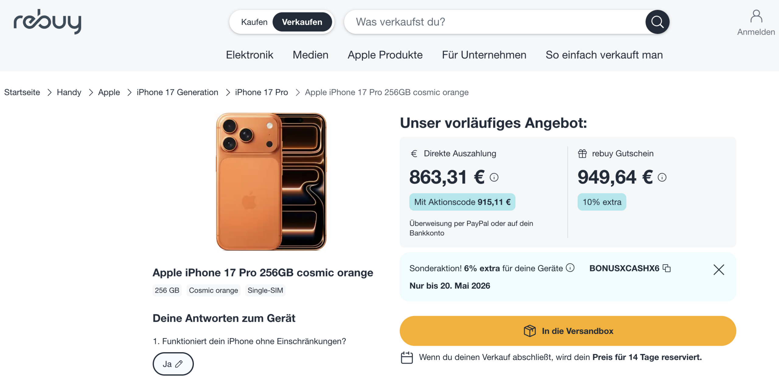 reBuy Ankaufspreis für Apple iPhone 17 Pro als Vergleichswert im Geräteankauf