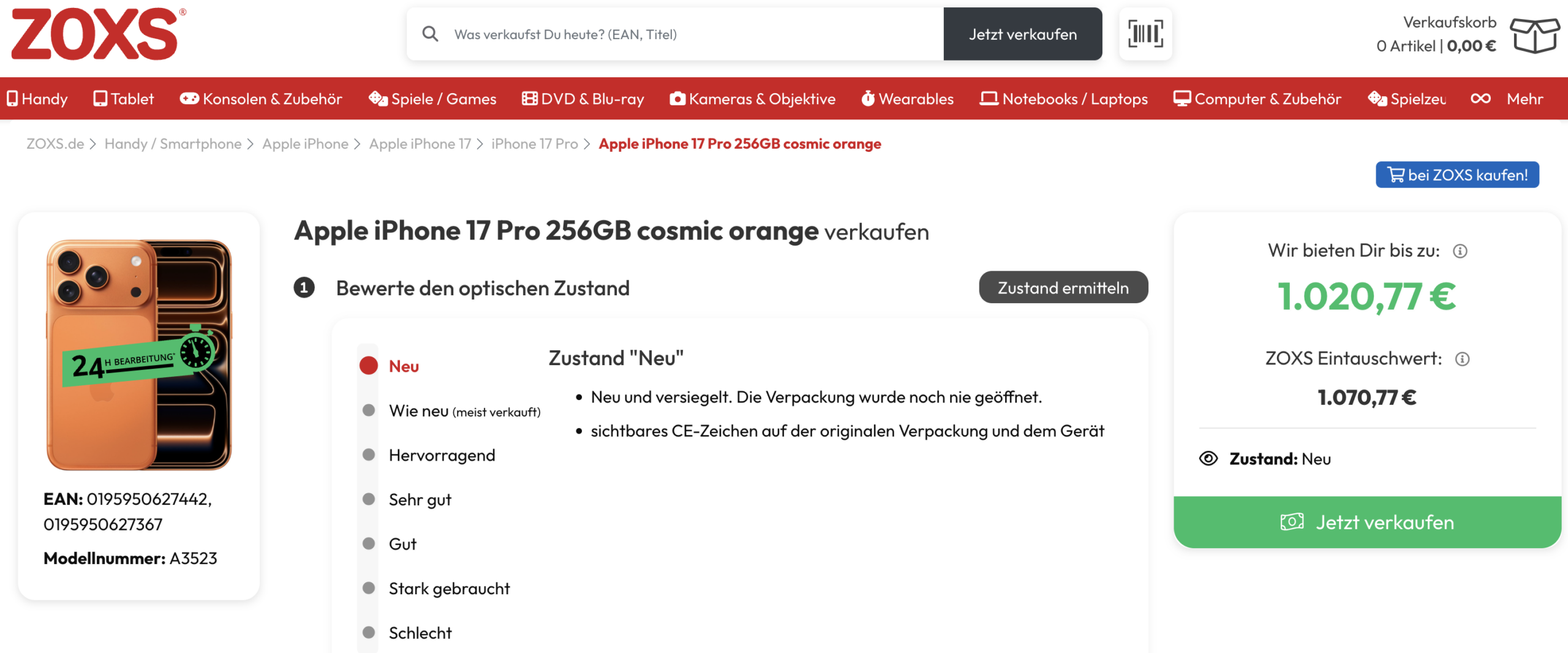 ZOXS Ankaufspreis für Apple iPhone 17 Pro als Vergleichswert im Geräteankauf